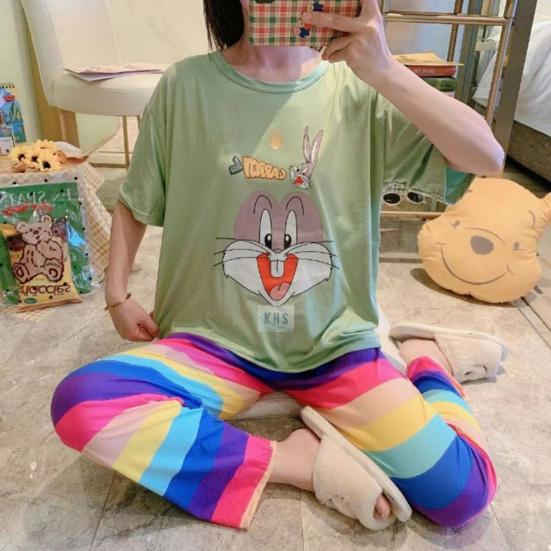 Baju Tidur Spandek Cp Celana Panjang Tie dye Daily set Pajamas Motif Impor Korea Piyama Setelan KHS-8