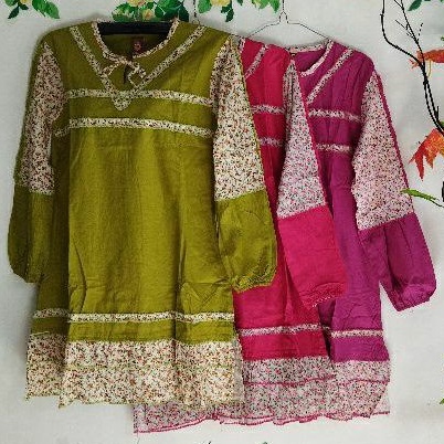 Tunik katun polos kombinasi rimpel bunga