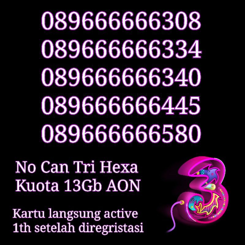 Nomor Cantik NOCAN Hexa 6 Kartu Perdana Tri Three 4G LTE Kuota 18 GB NASIONAL REGULER