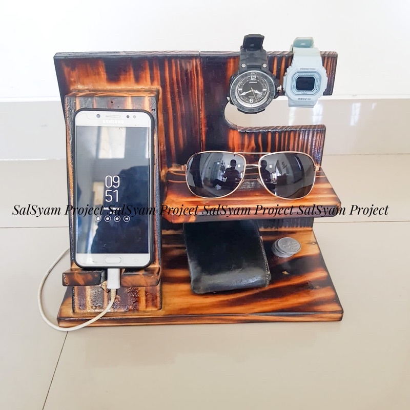 Rak holder multifungsi tempat stand HP Handphone / dompet / jam / kacamata / masker kayu jati beland