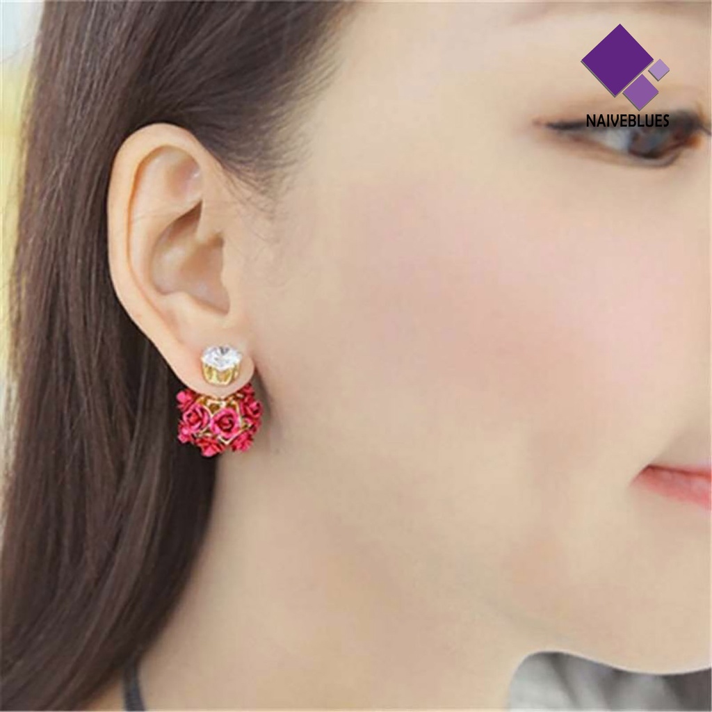 Anting Stud Bentuk Bunga Mawar Bahan Alloy Aksen Berlian Imitasi