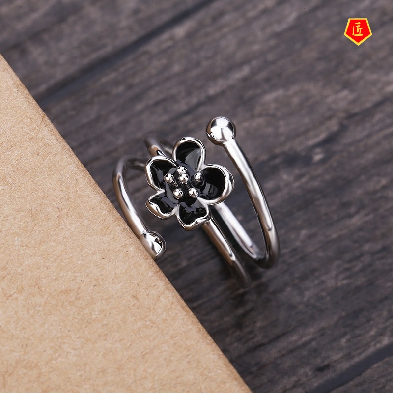 [Ready Stock]Original S925 Silver Black Flower Ring Creative Simple