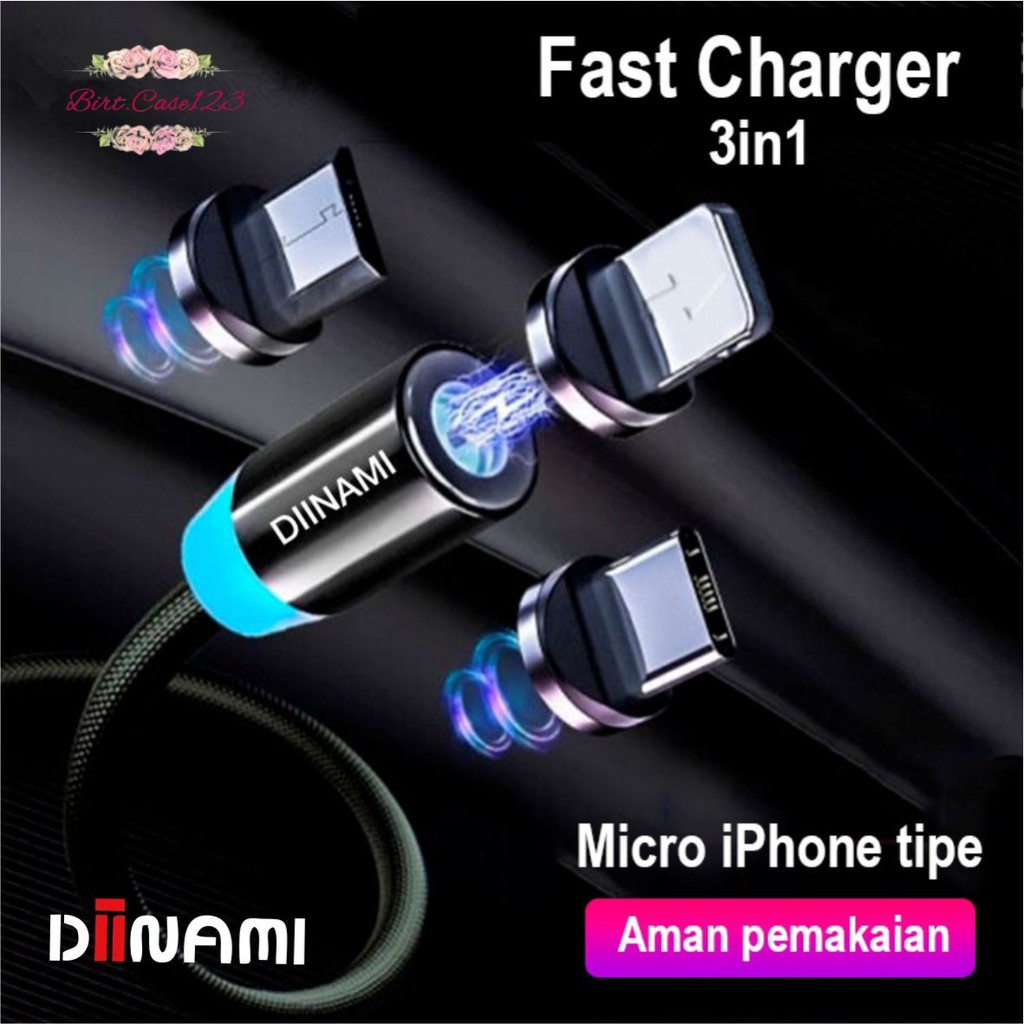 BM017 Kabel cable DIINAMI charger Cashan casan magnet magnetic 3in1 Micro iPhone tipe c fast charging 2.4A BC5844