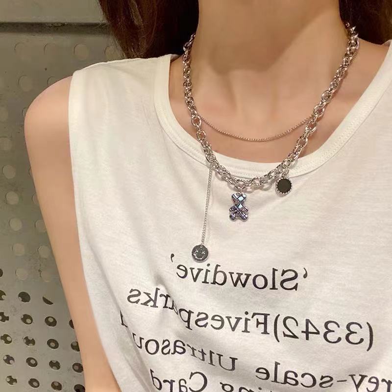 HUAJI hip hop double-layer bear kalung untuk wanita in Trendi special interest desain wajah tersenyu