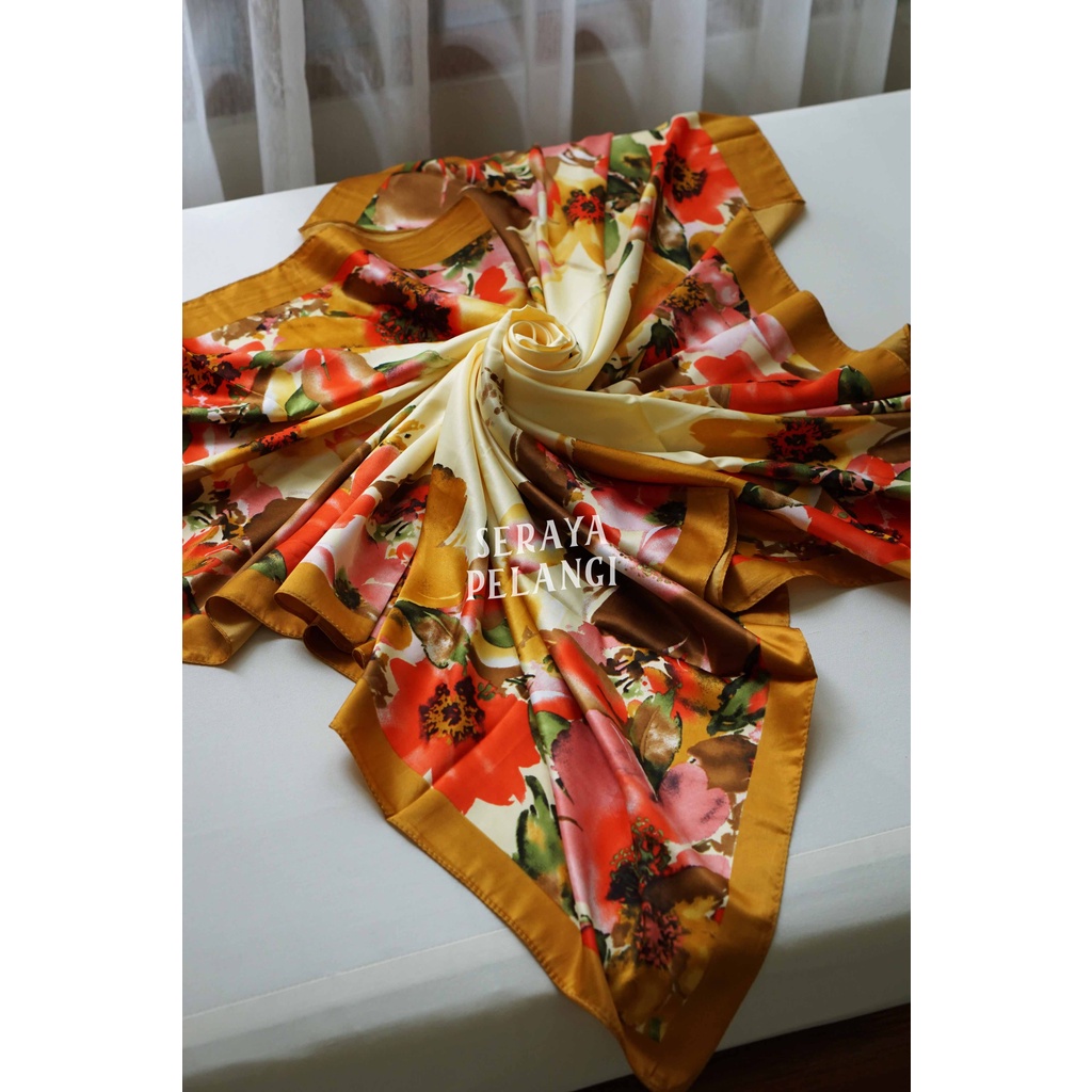 Selendang Segi Empat Satin Lamiz 04 | Motif Bunga/Kembang | Scarf | Syal | Shawl | Pashmina | Pasmina | Souvenir | Hadiah | Gift | Aksesoris Fashion | Import Quality | Grosir Murah