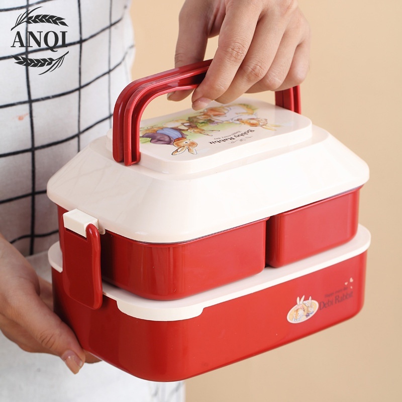 ANQI 1888 2 Susun Portabel Double-Layers Lunch Box Kotak Makan Tahan Bocor Tempat Makan Anak Cute Kotak Makan VS-75