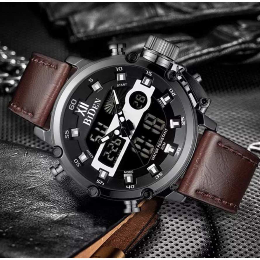 Biden 0164 Jam Tangan Pria Analog Digital Leather Band Calendar Quartz Watch Original Water Resistant 30 Meter