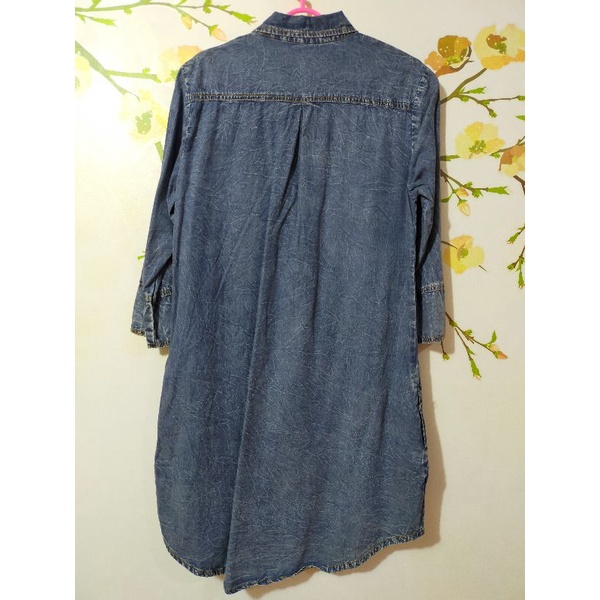Dress Atasan Jeans Halus Adem Kerah Kancing Depan Hidup Lengan 3/4 Medium Biru Blue Real Pict Foto A