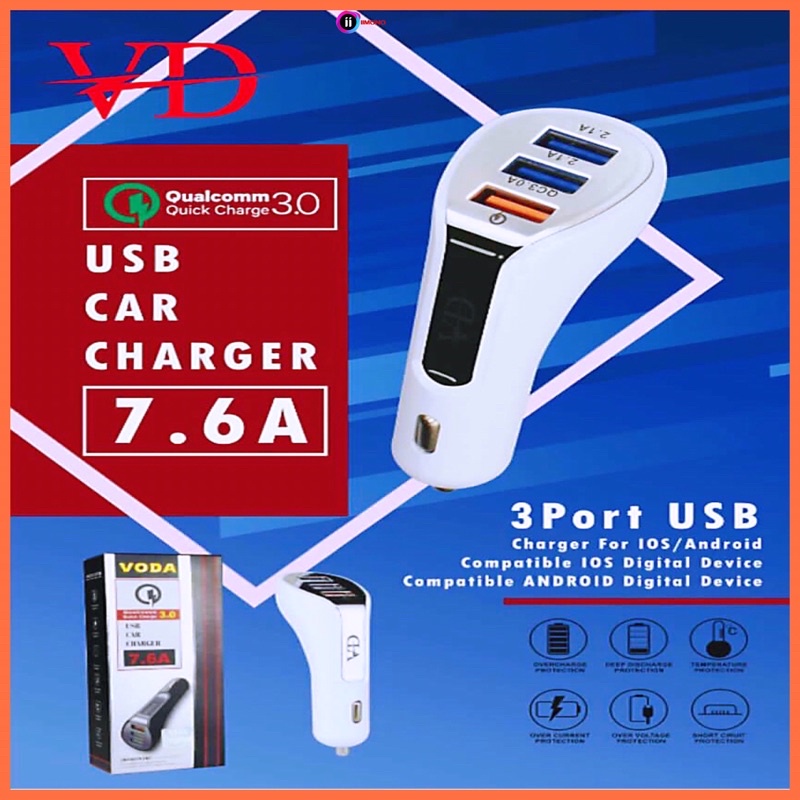 CAR CHARGER VODA 7.6A 3PORT OUTPUT FAST CHARGING QUALCOMM 3.0