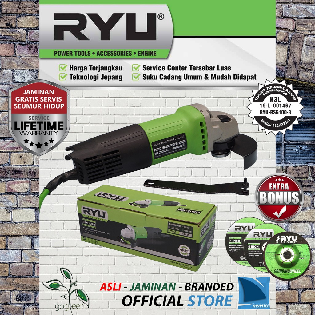 Mesin Gerinda Tangan + Bonus Batu Gurinda &amp; Potong / Angle Grinder RSG 100-3 TEKIRO RYU