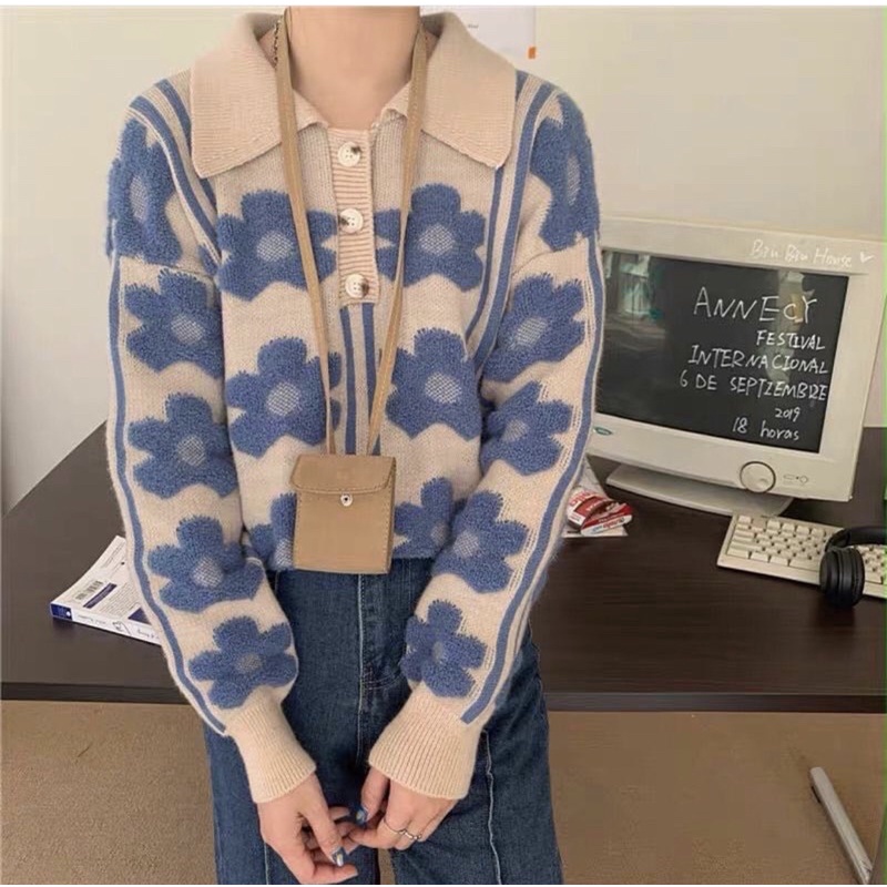 [ready stock] blossom blue sweater | atasan rajut knit tebal motif bunga bunga timbul biru gaya korea