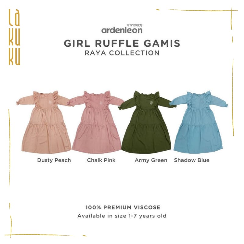 Lakuku- Ardenleon Girls Ruffle Gamis Dress Anak Perempuan setelan baju lebaran