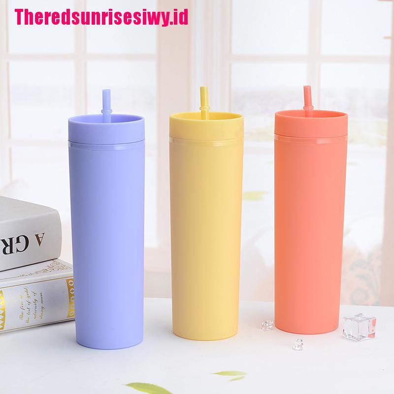 1pc Tumbler Dinding Ganda Bahan Plastik Ukuran 16oz Dengan Sedotan