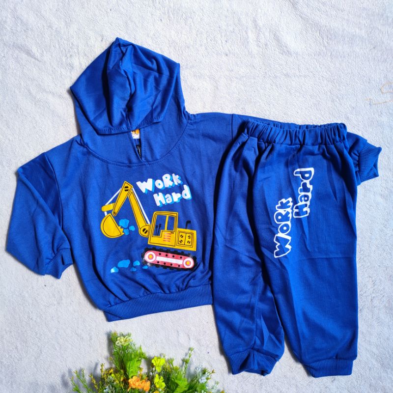 Setelan jumper anak cowok laki laki baju kaos kupluk anak kapal keruk excavator hoodie hodi topi