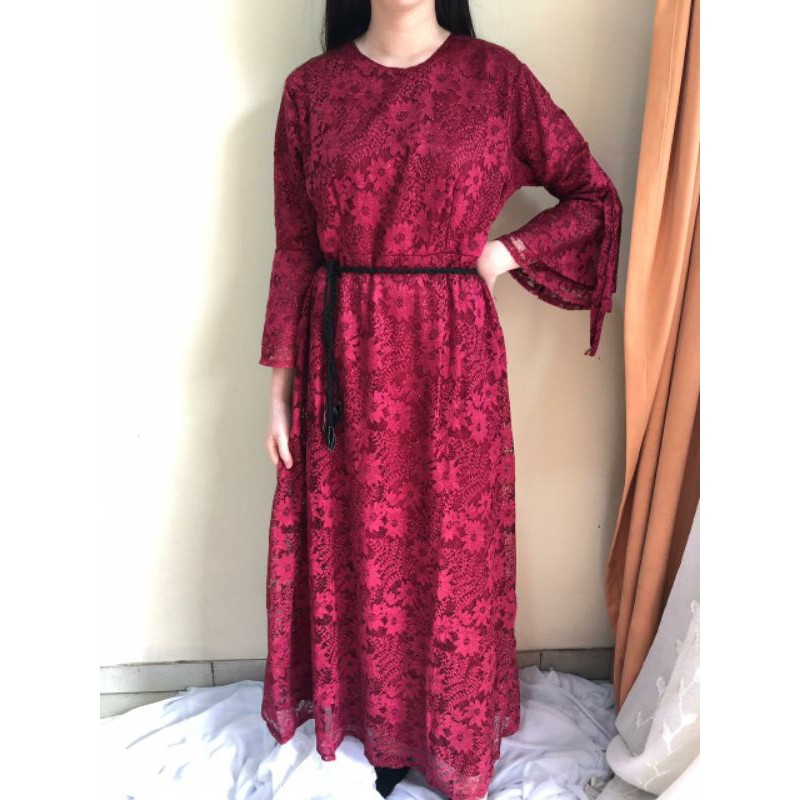 Ken-229 Long dress pesta full gamis brukat glitter baju terusan panjang free belt