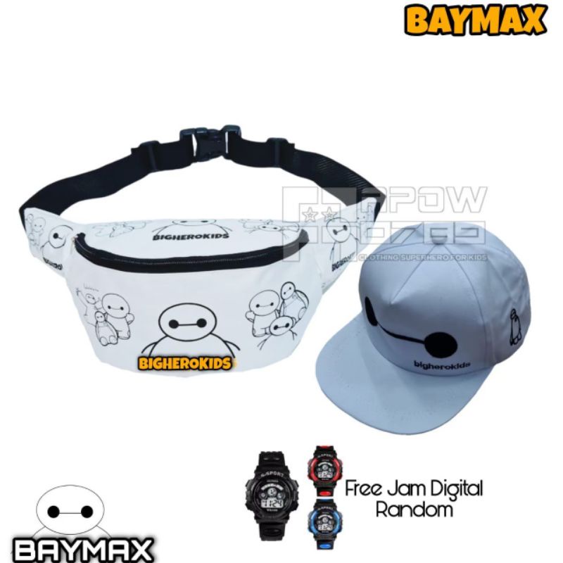 Paket 3in1 Tas Waist Bag anak Karakter Motif Baymax/free topi baseball bordir dan jam tangan