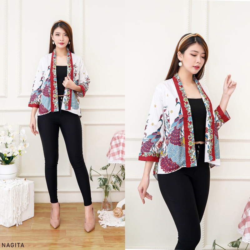 Evercloth Nagita Blazer Batik Wanita Outer Batik Rompi Wanita Jaket Luaran Family Batik Couple Atasan Blouse Batik Bomber Couple Seragam Couple Batik Modern Burung Hong White