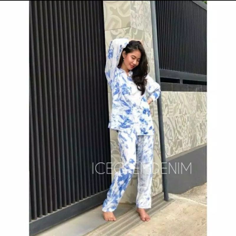 One Set Daily Pajamas Rayon Celup Tie die Stelan Wanita-Biru putih
