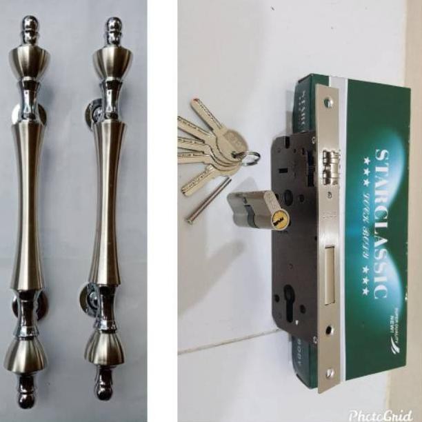 Handle pintu rumah Kuningan motif dahlia set kunci Terbaik