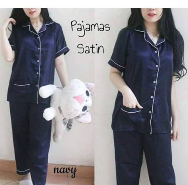 Baju Tidur Piyama Pajamas Wanita/Cewek Satin Silky Velvet Cantik Simple Wanita Dewasa Full Kancing