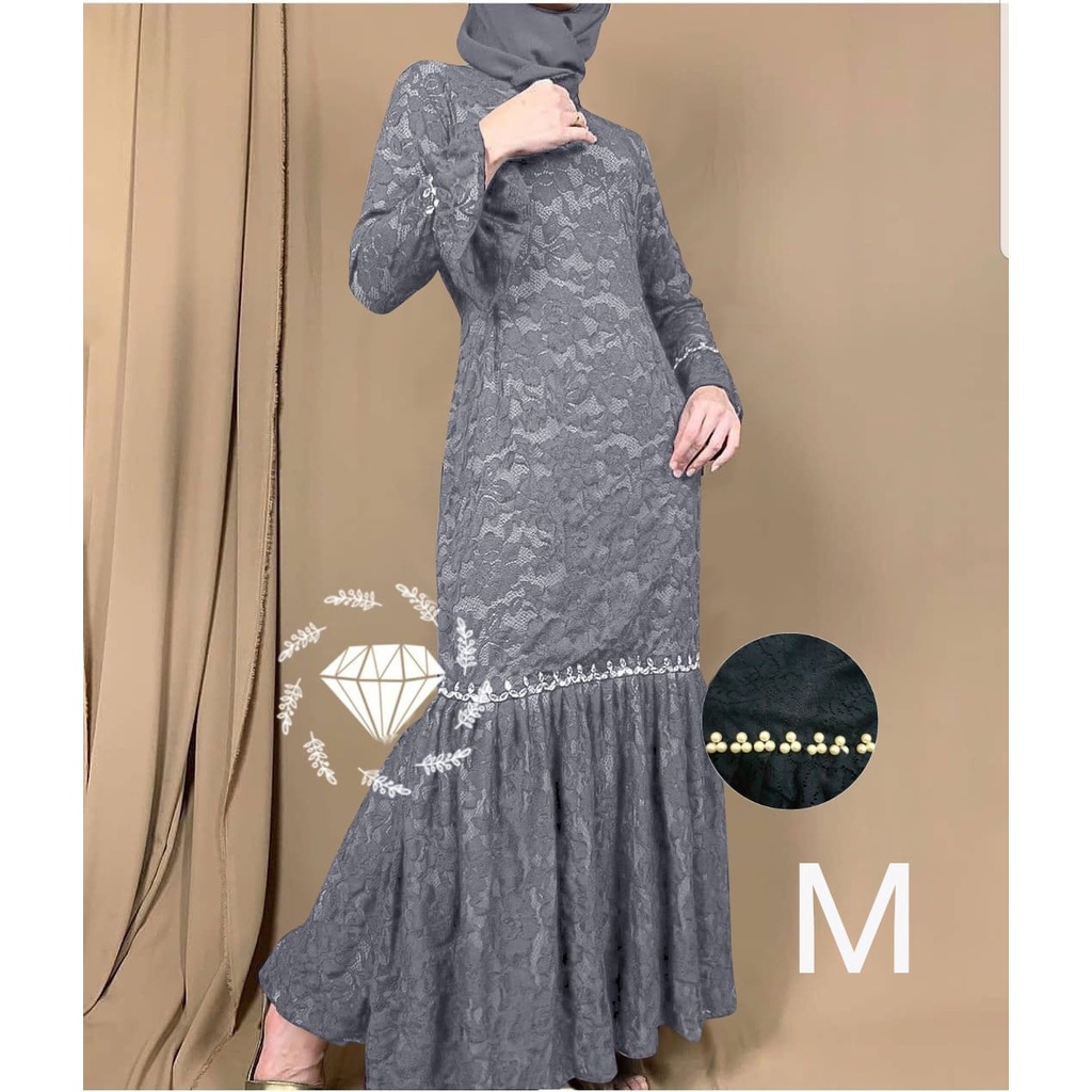 PCS MAXY NURHALIZA DUYUNG MUTIARA BRUKAT FASHION PAKAIAN WANITA DRESS GAMIS MAXI 5 UKURAN M L XL XXL 3XL MS ADA VIDEO REVIEW ASLI PRODUK-Abu M