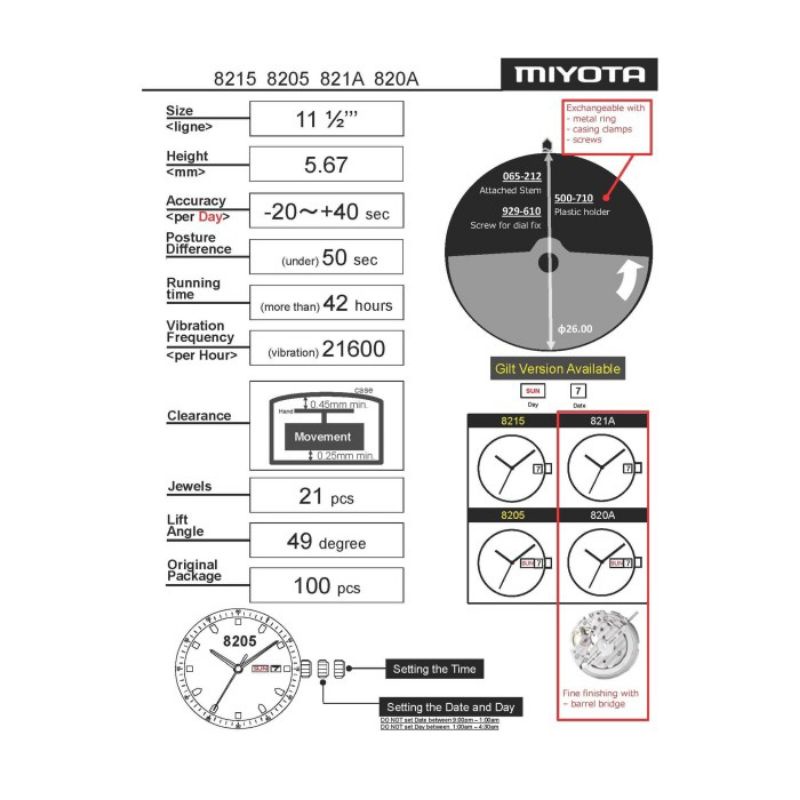 MYOTA 8205 AUTOMATIC MOVEMENT DAY-DATE MESIN OTOMATIS TANGGAL HARI