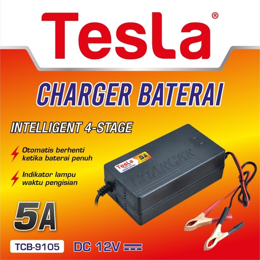 Pengecas Cas Aki Tesla 5 Ampere Charger Baterai Aki 5A 12V Batre Battery Cas Aki Otomatis Murah