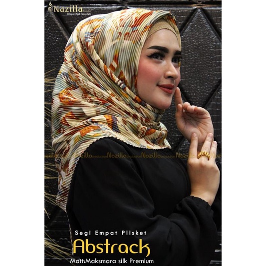 Jilbab Segi Empat Motif Plisket Polycatton Ori Nazilla-Abstrak Khaki