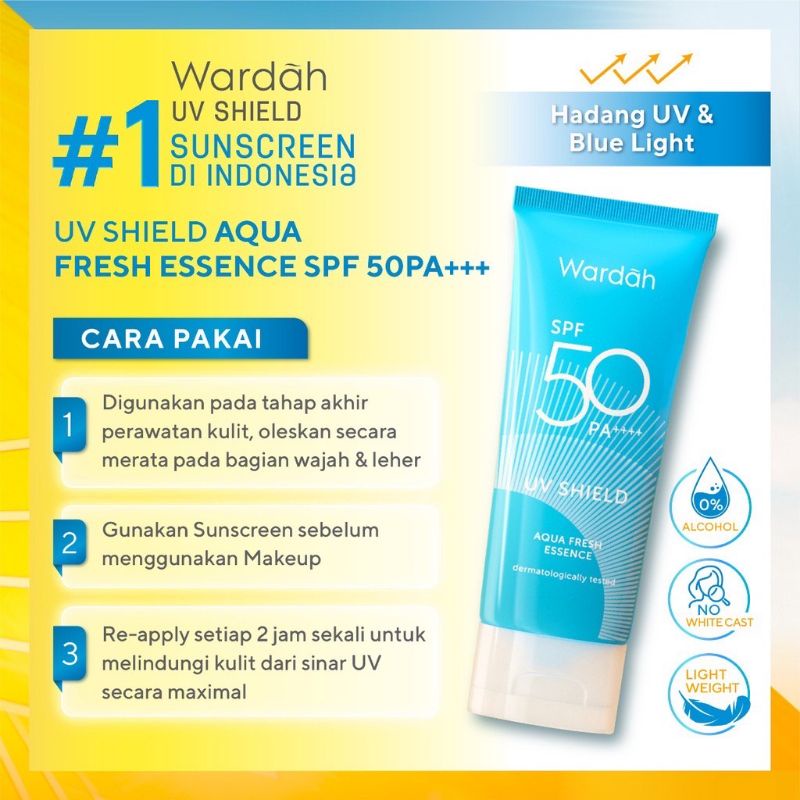 Wardah UV Shield Aqua Fresh Essence SPF 50 PA+++ 30ml | Essential Sunscreen Gel SPF 30 PA+++