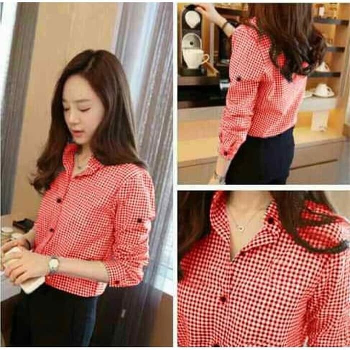 Kemeja Wanita Pakaian Kekinian Baju Hem Cewek Casual Perempuan Kotak Vivian