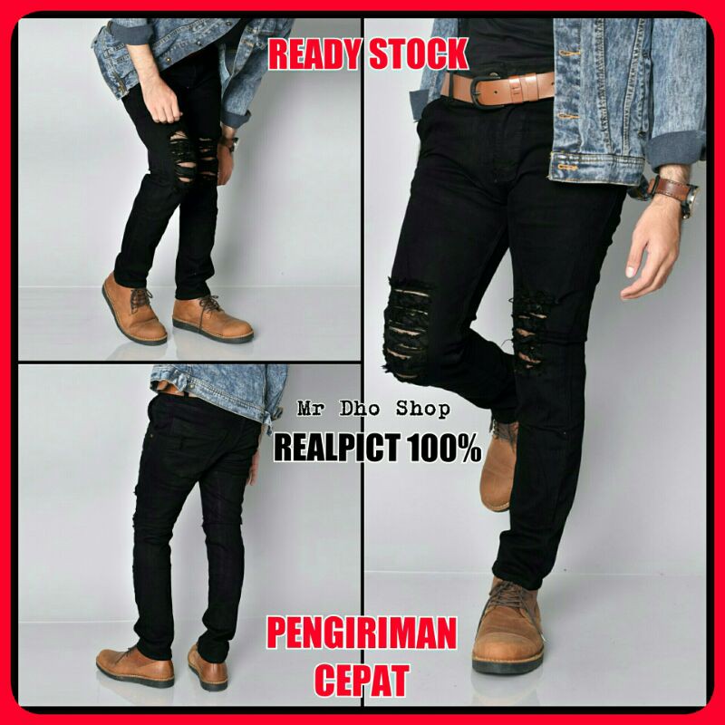 Celana Jeans Levis Pria Cowok Ripped Sobek Robek Bolong Lutut Hitam Skiny Pensil Premiun Quality Dis