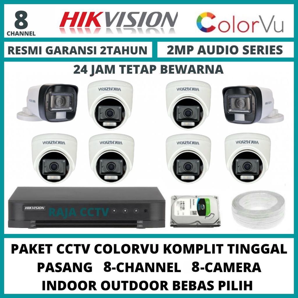 PAKET CCTV HIKVISION 2MP COLORVU 8 CHANNEL 8 CAMERA TURBO HD KAMERA CCTV COLORFUL