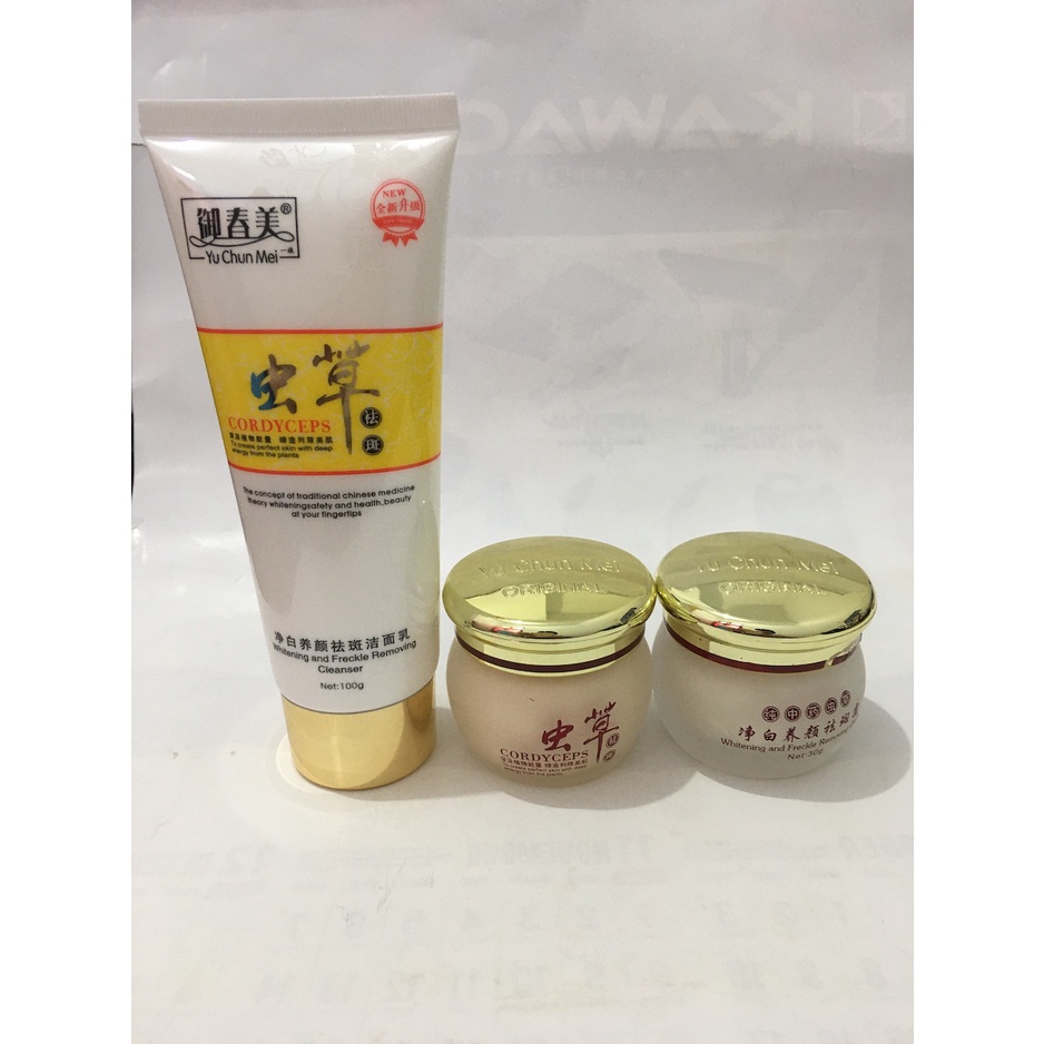 Paket Hemat 3 in 1 Cordyceps Day Night Cream &amp; Facial Cleanser Rumah Cantik 354 Yu Chun Mei Cordysep Herbal Cream Yuchunmei Original Import