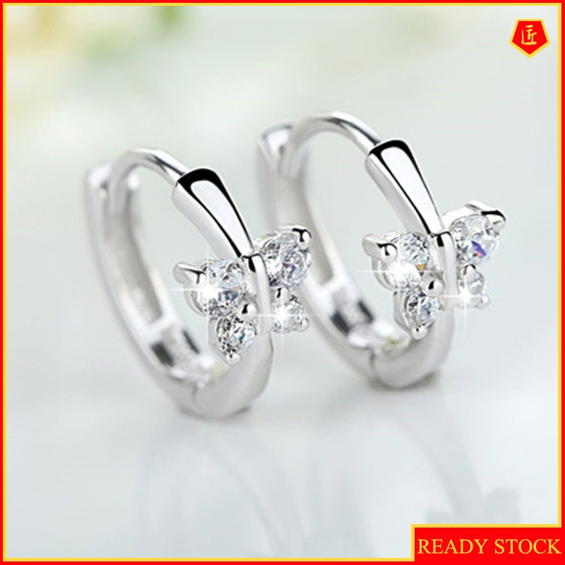 [Ready Stock]Silver Diamond Butterfly Earrings Cute Fashion