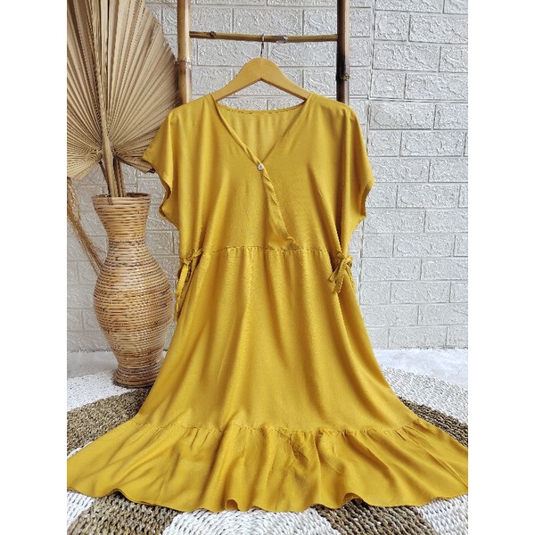 Daster Kimono Pendek || Daster Kimono Polos || Dres Kimono || Daster Rayon || Daster Rayon Busui || Daster Ruffle Busui-MUSTARD
