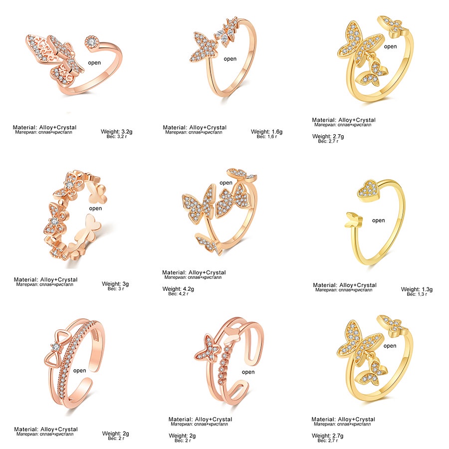 Cincin Model Terbuka Adjustable Desain Butterfly Heart Aksen Kristal Untuk Wanita