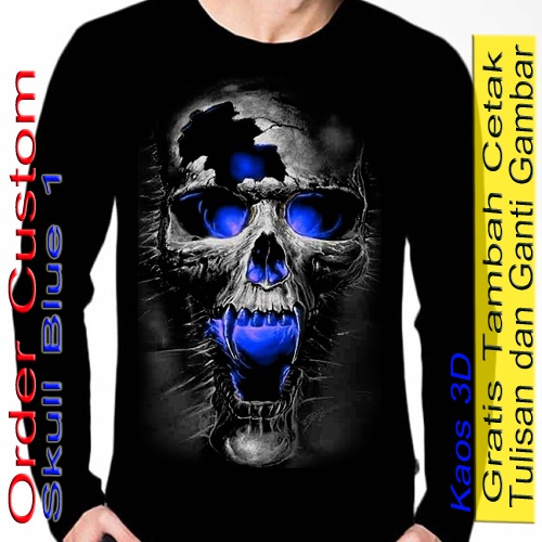 Kaos Lengan Panjang Pria Warna Hitam Gambar Seram Baju  Tengkorak Skull Blue