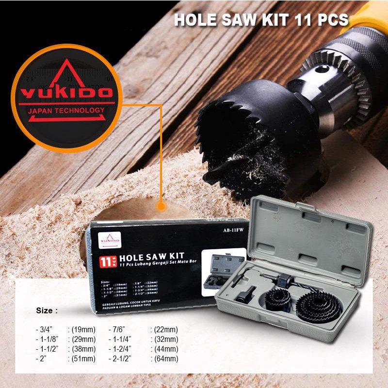 PROMO !! YUKIDO Hole Saw Set 11 Pcs HoleSaw Kit Mata Bor Pelubang Kayu Pipa Hidroponik