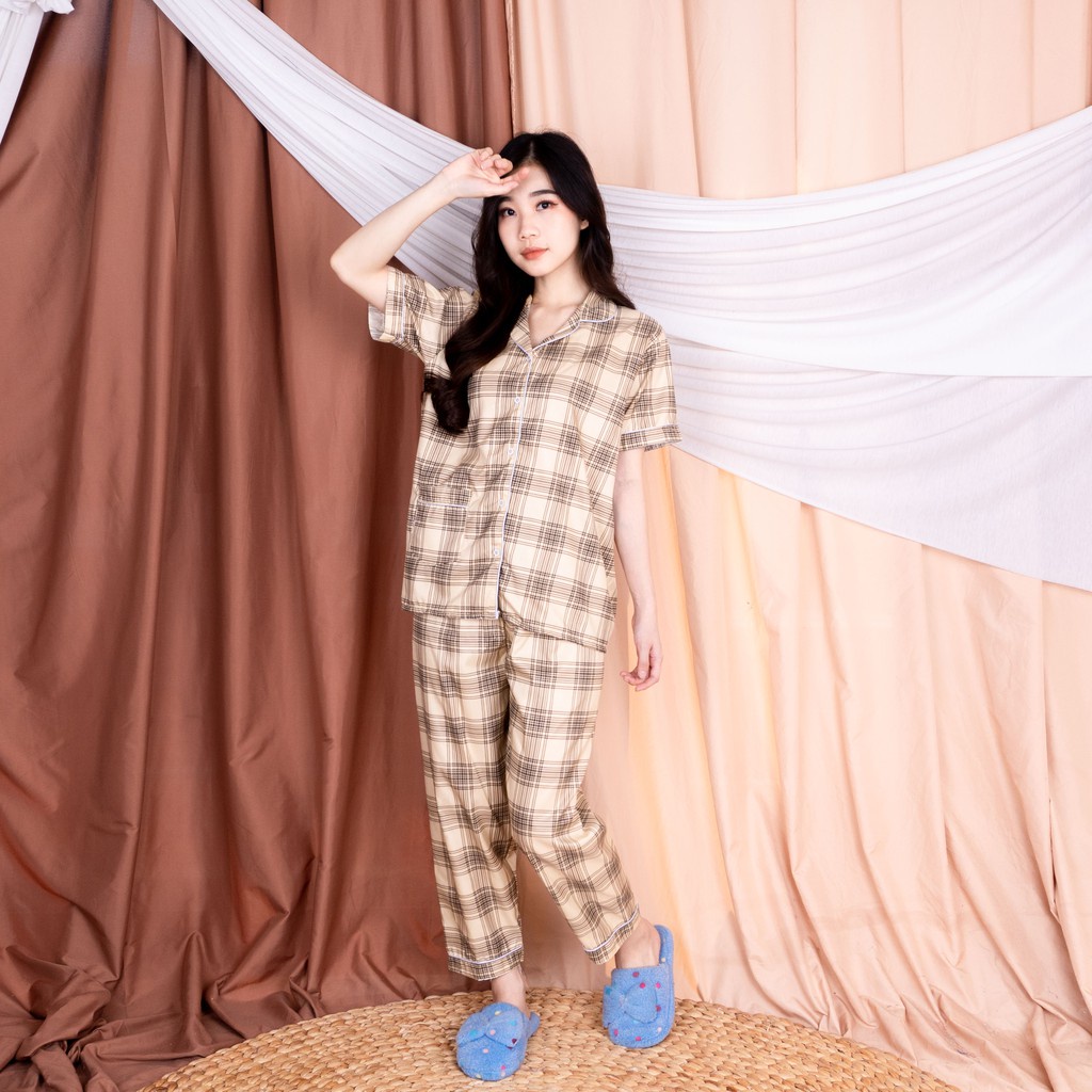 BJ - Piyama CP Wanita Kotak - Baju Tidur Lengan Pendek Katun Premium