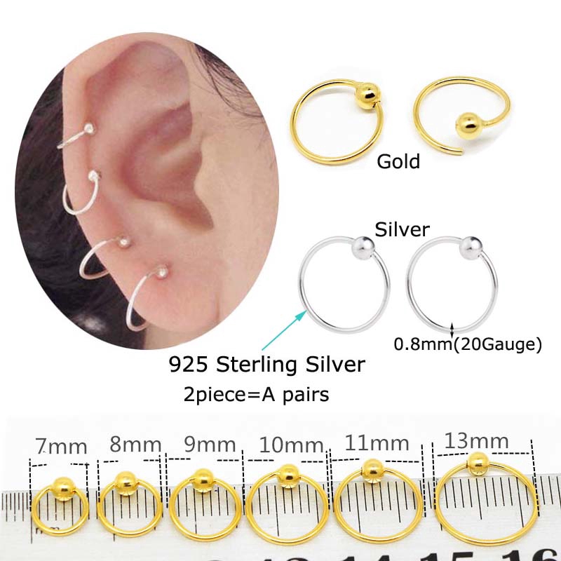 2piece Sterling Silver Captive Bead Ring Hoop Cartilage Tragus Earring Rook Pinna Helix Piercing 20G