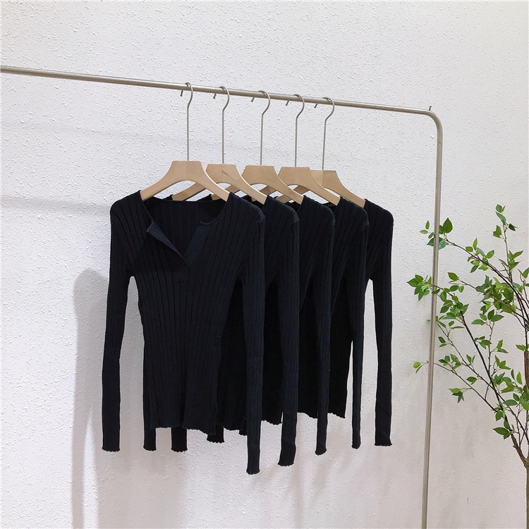 #Sisjuly# Wanita musim semi Perancis licik setengah terbuka dada v-neck slim fit sweater rajutan kem