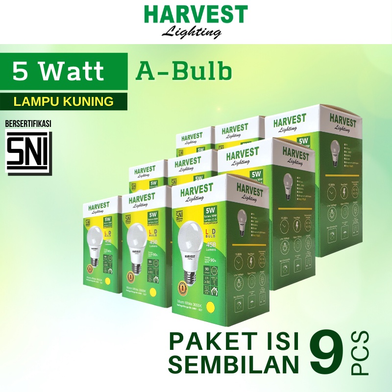 5W - Paket Isi 9 - HARVEST LIGHTING Lampu Bohlam LED A Bulb  5 Watt Lampu Hemat Energi Original Bersertifikasi SNI dan Bergaransi