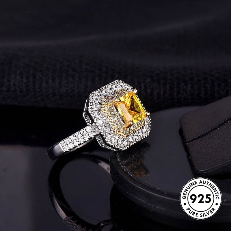 Cincin Tunangan Silver S925 Hias Berlian Kuning Bentuk Kotak Untuk Wanita