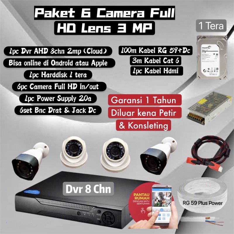 Paket cctv 6 kamera full hd lensa 3mp