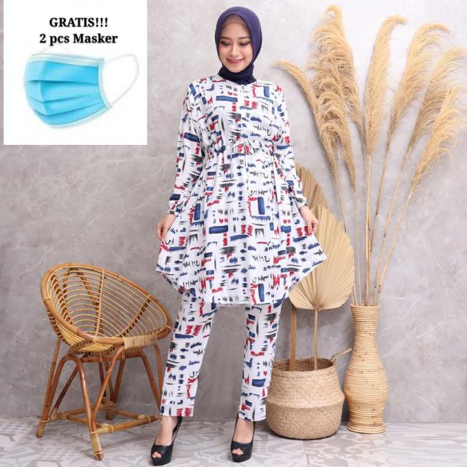 Mudah L164. Syakila Setelan Tunik Rayon Free Masker - Blue Bergaransi