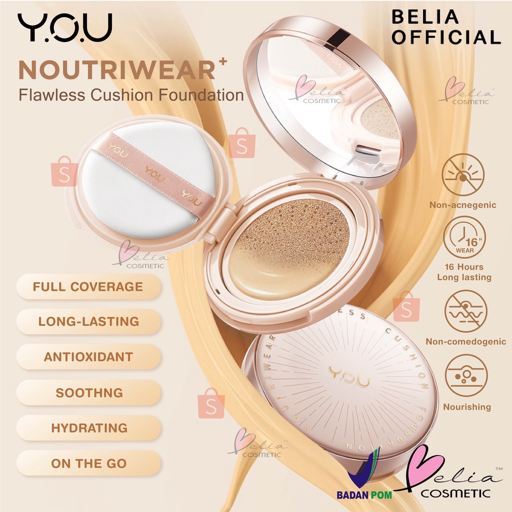 ❤ BELIA ❤ YOU Noutriwear+ Flawless Cushion Foundation SPF 40 PA+++ | Full Size | Refill Size | Waterproof | Tahan Lama | BPOM