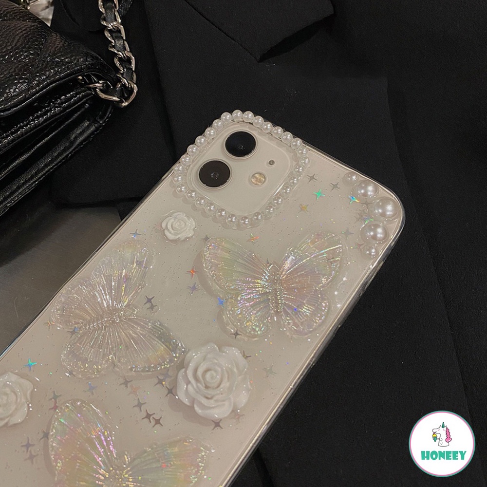 Luxury Glitter Pearl Butterfly Clear Phone Case compatible for Iphone Xr 7Plus 8Plus X XS 14 13 11 12 Pro Max Shock Resistant Soft TPU Back Cover