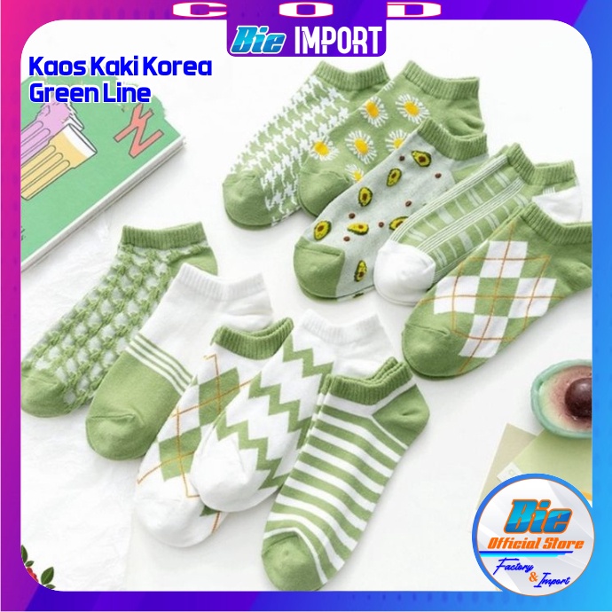 Kaos Kaki Korea Wanita Motif Green Line Impor Best Seller