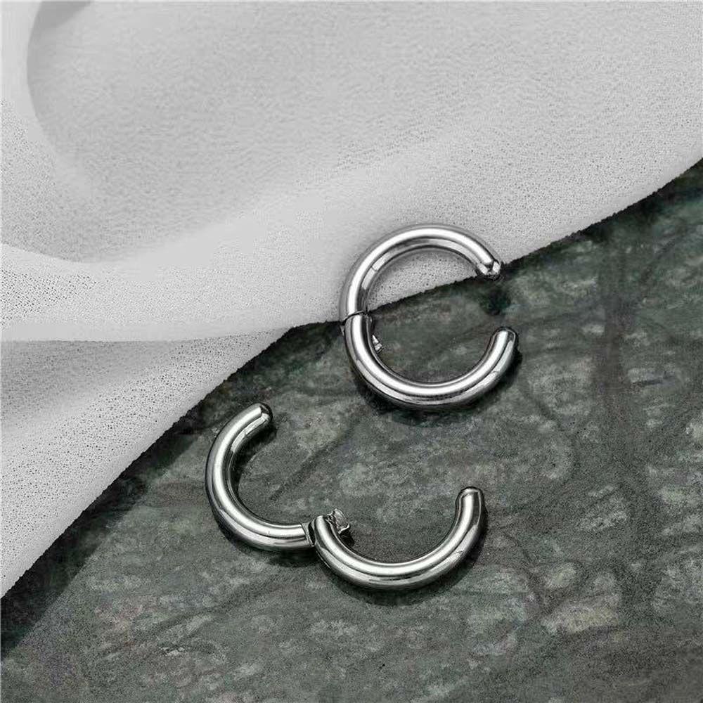 Nickolas1 Anting Hoop Palsu Warna Silver Simple Hip Hop Detachable Circle Stainless Steel Non Piercing Bulat Hitam Klip Earrings