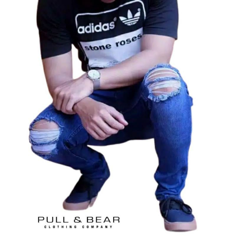 CELANA PANJANG SEMI SOFTJEANS PRIA SKINNY HITAM SOBEK LUTUT RIPPED JEANS STREET